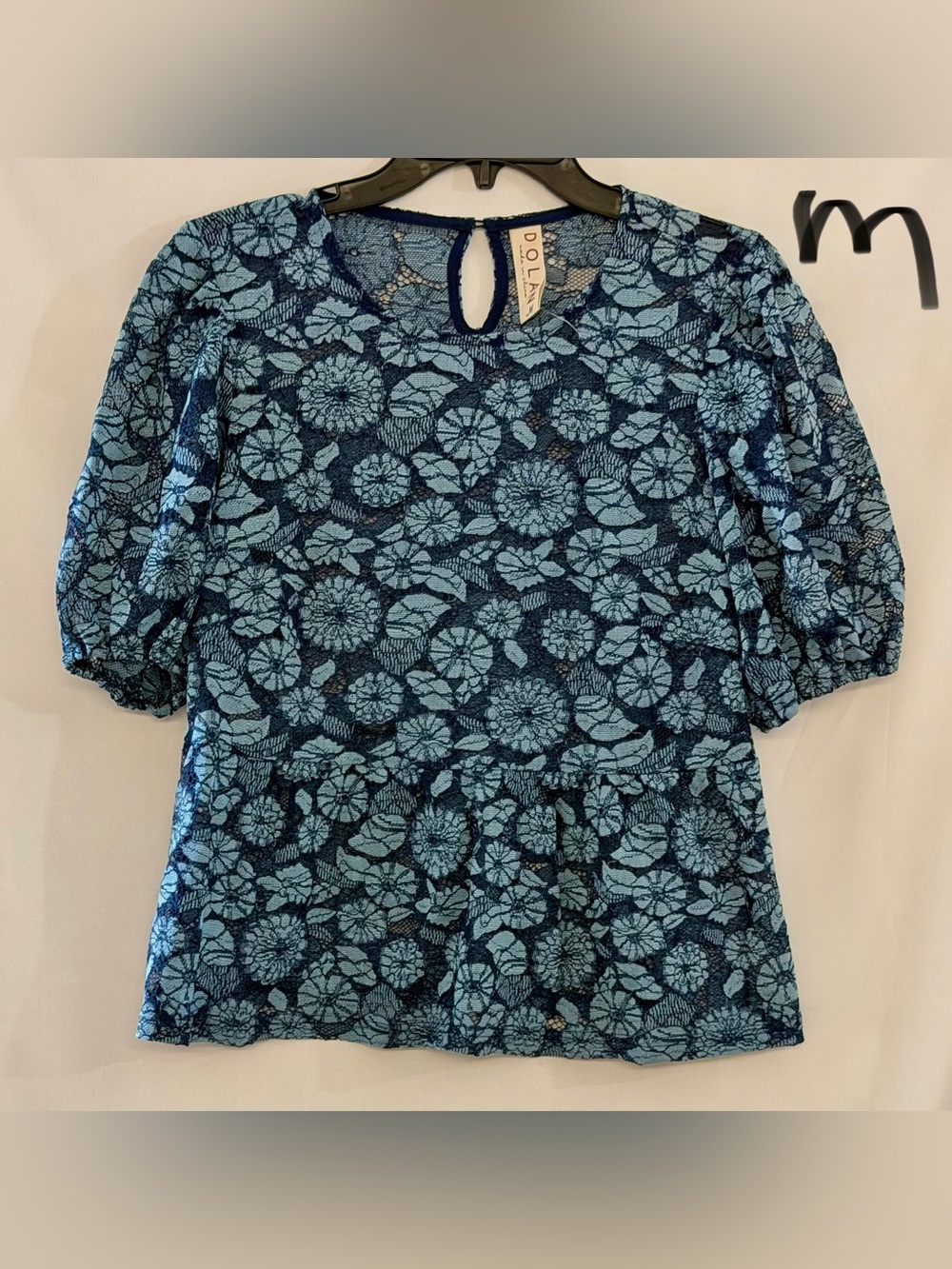 dolan Navy and Light Blue Floral Lace Peplum Top